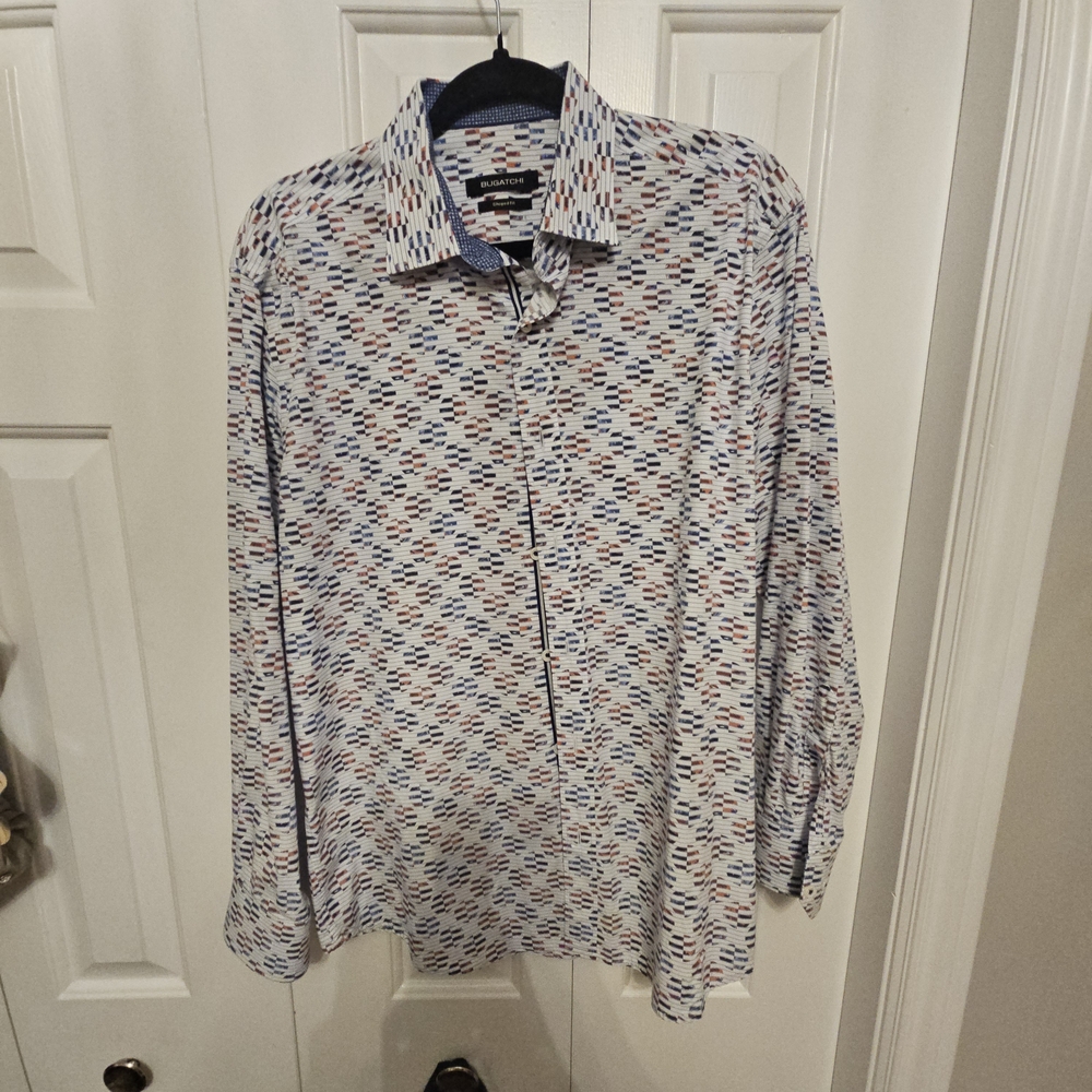 Bugatchi Men's Trendy Dress Shirt - Blue and Red Pattern